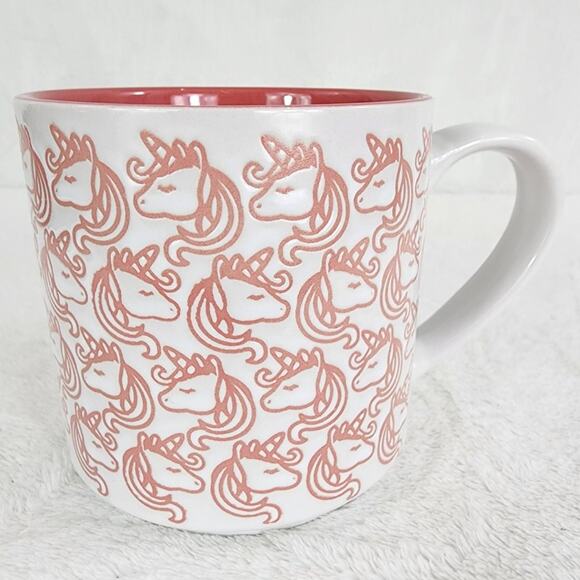 Graydon Hall Pink Unicorn Coffee Mug Allover Embossed  in Peach and White. EUC - Picture 3 of 7